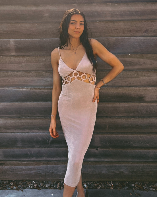 CHAMPAGNE DREAMS CUTOUT MIDI DRESS